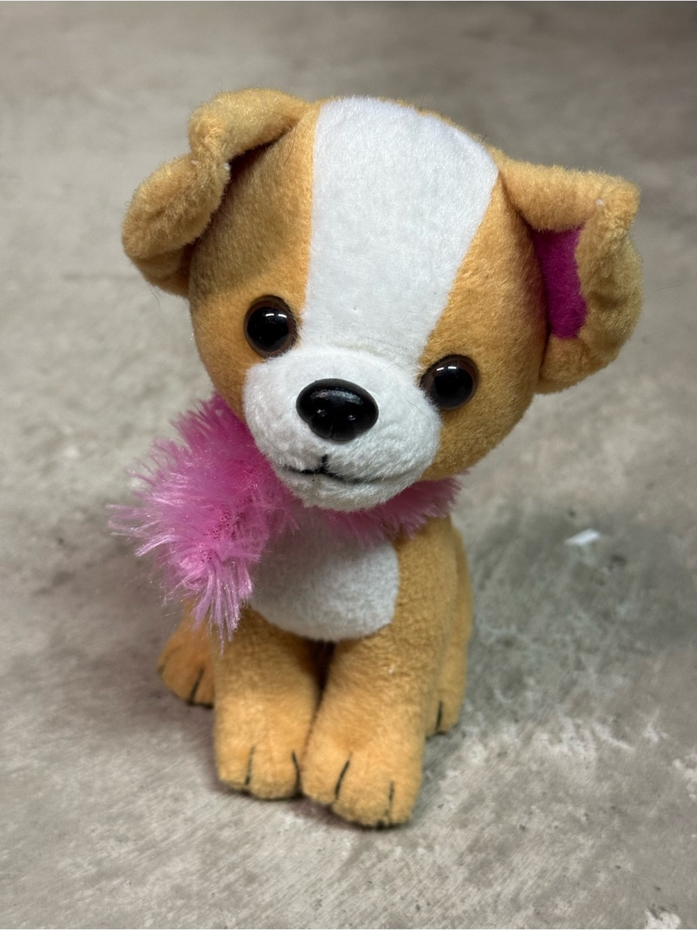 Plush Small Dog Toy in Tan and White with Pink Accent